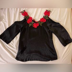 3/$15. Bluebells black cold shoulder blouse with flower collar small